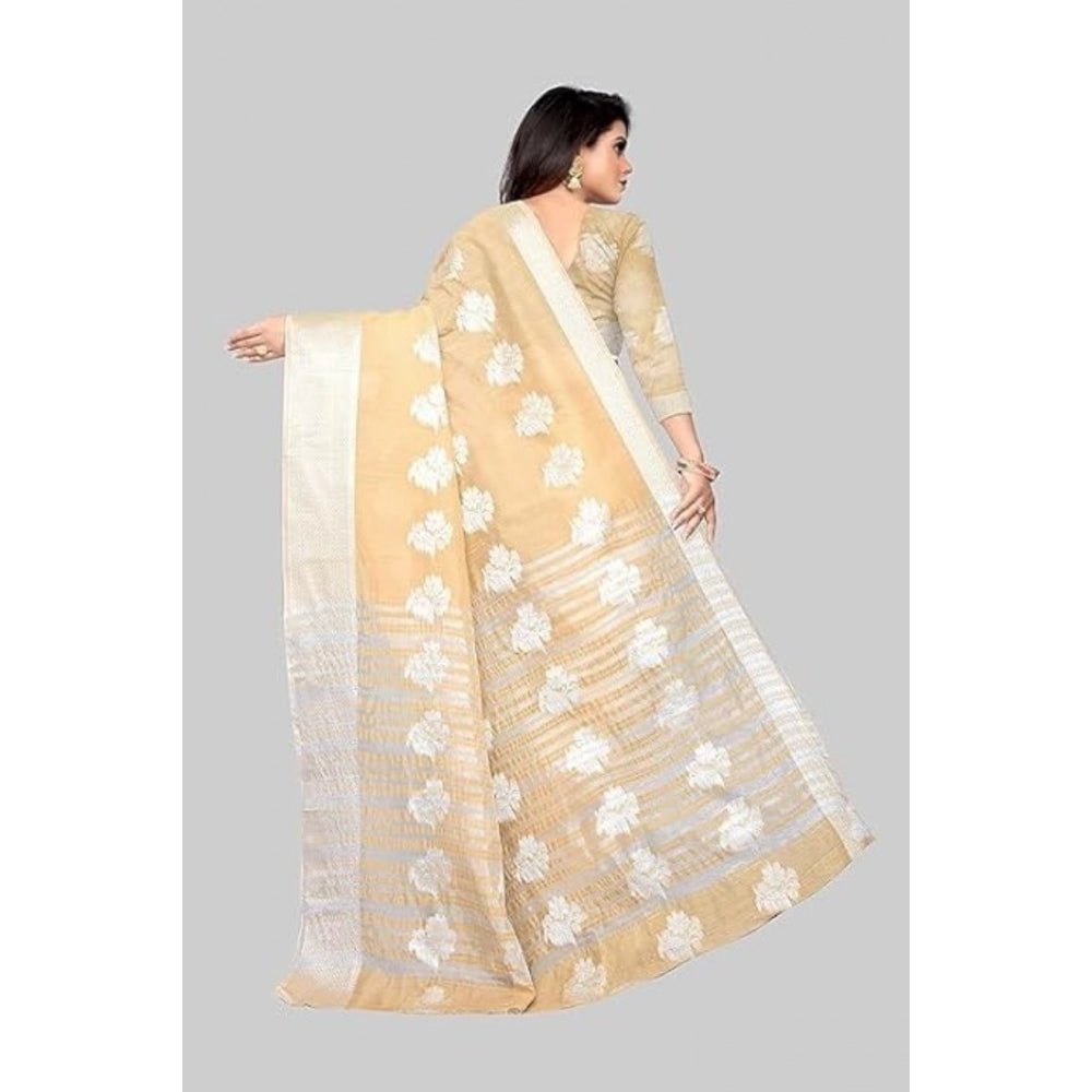 Clasymist Women's Cotton Silk Floral Saree With Unstitched Blouse (Beige, 5.5 Mtr)