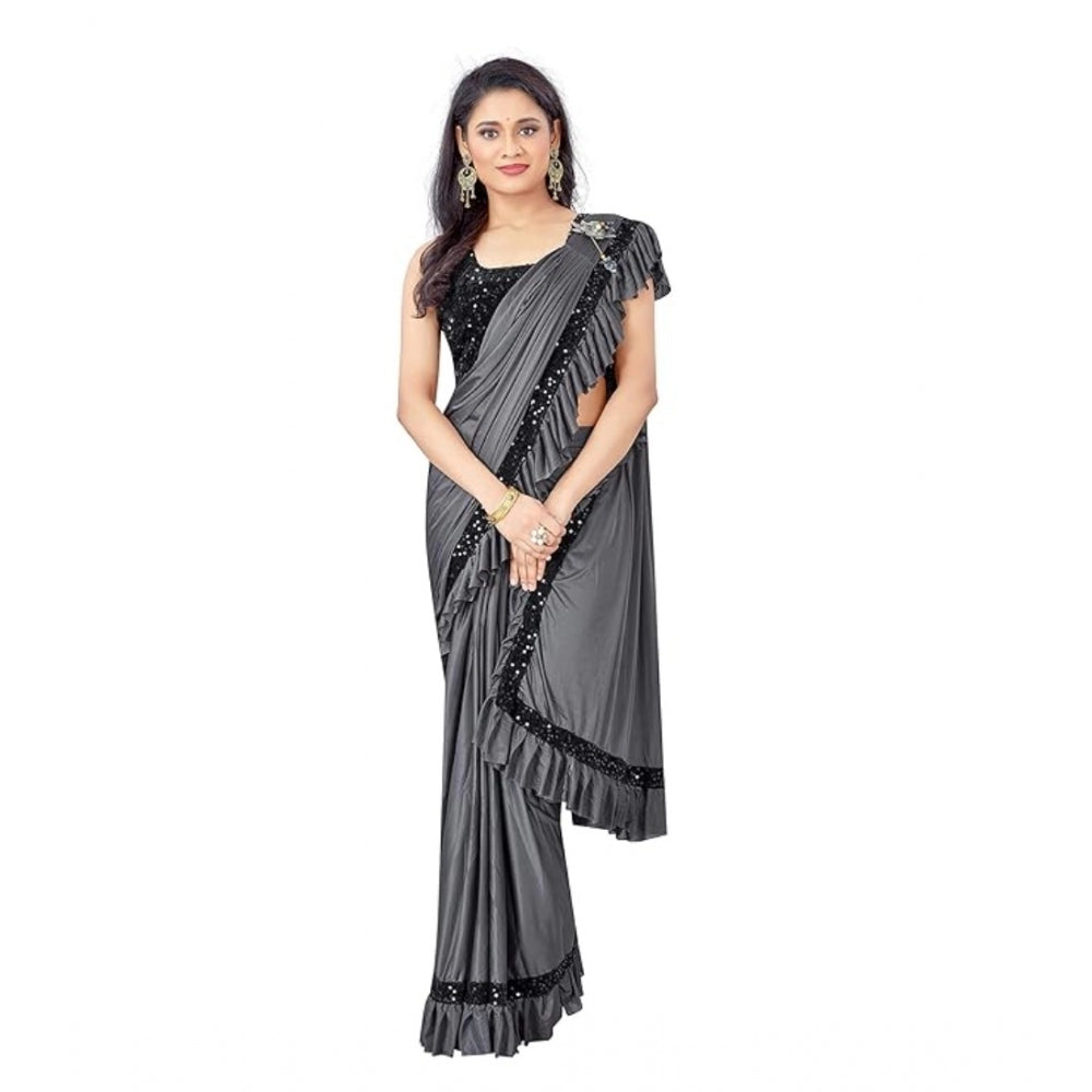 Clasymist Women's Lycra Solid Saree With Unstitched Blouse (Grey, 5.5 Mtr)