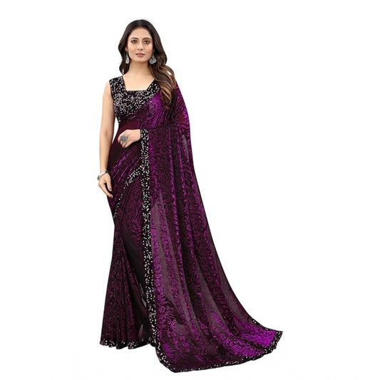 Clasymist Women's Lycra Floral Saree With Unstitched Blouse (Wine, 5.5 Mtr)