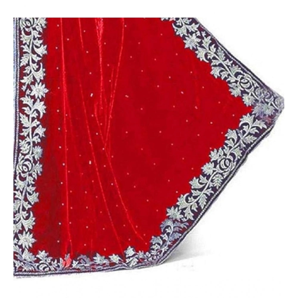 Clasymist Women's Velvet Embroidered Saree With Unstitched Blouse (Red, 5.5 Mtr)