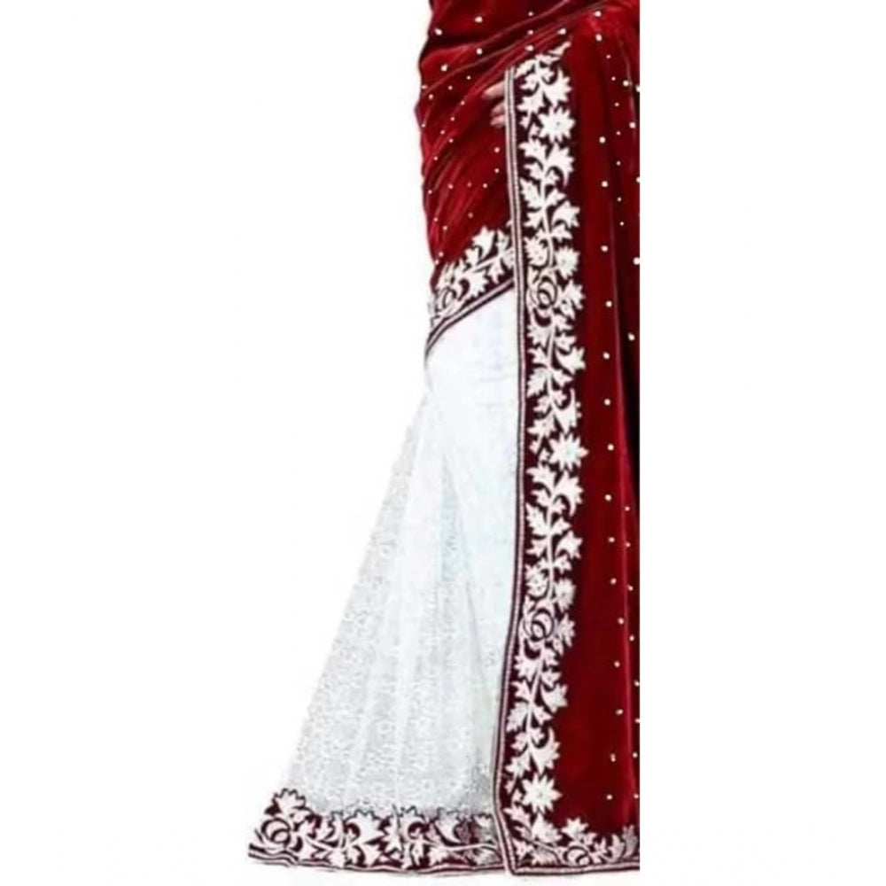 Clasymist Women's Velvet Embroidered Saree With Unstitched Blouse (Maroon, 5.5 Mtr)