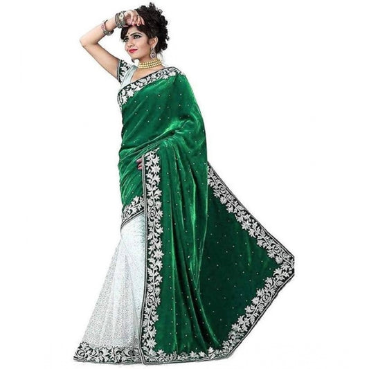 Clasymist Women's Velvet Embroidered Saree With Unstitched Blouse (Green, 5.5 Mtr)