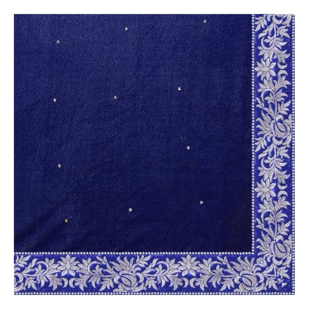 Clasymist Women's Velvet Embroidered Saree With Unstitched Blouse (Blue, 5.5 Mtr)