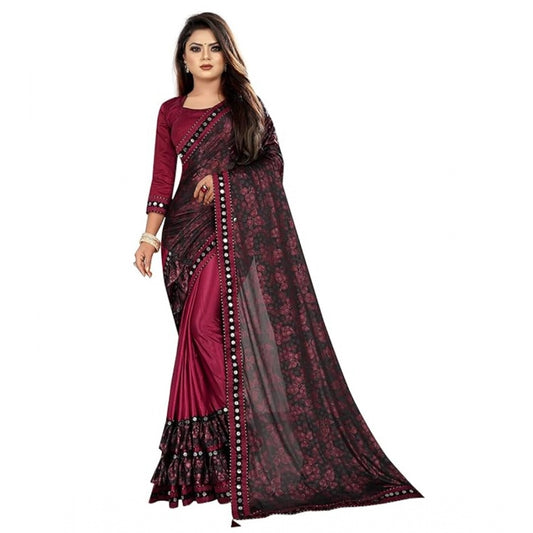 Clasymist Women's Lycra Solid Saree With Unstitched Blouse (Maroon, 5.5 Mtr)