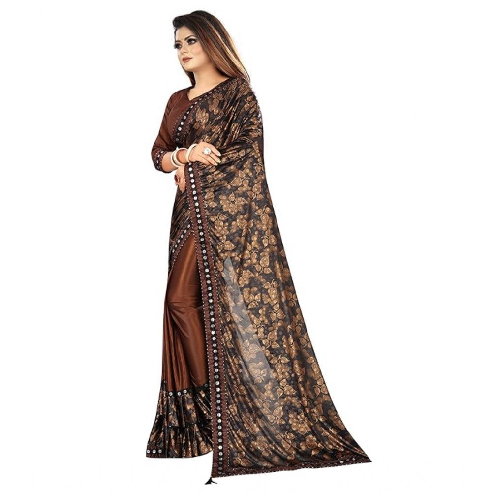 Clasymist Women's Lycra Solid Saree With Unstitched Blouse (Brown, 5.5 Mtr)