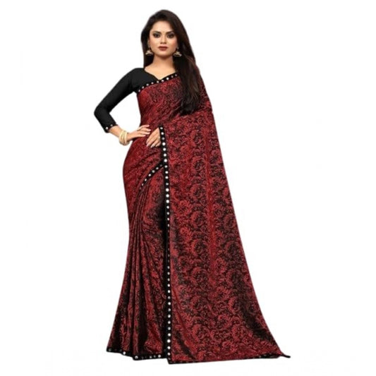 Clasymist Women's Lycra Solid Saree With Unstitched Blouse (Maroon, 5.5 Mtr)