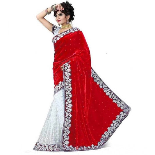 Clasymist Women's Velvet Embroidered Saree With Unstitched Blouse (Red, 5.5 Mtr)