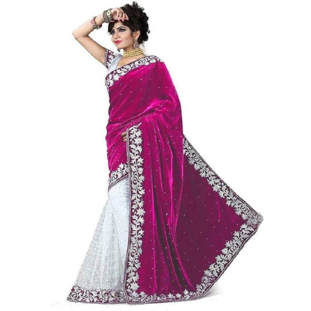 Clasymist Women's Velvet Embroidered Saree With Unstitched Blouse (Pink, 5.5 Mtr)