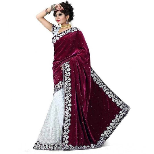 Clasymist Women's Velvet Embroidered Saree With Unstitched Blouse (Maroon, 5.5 Mtr)