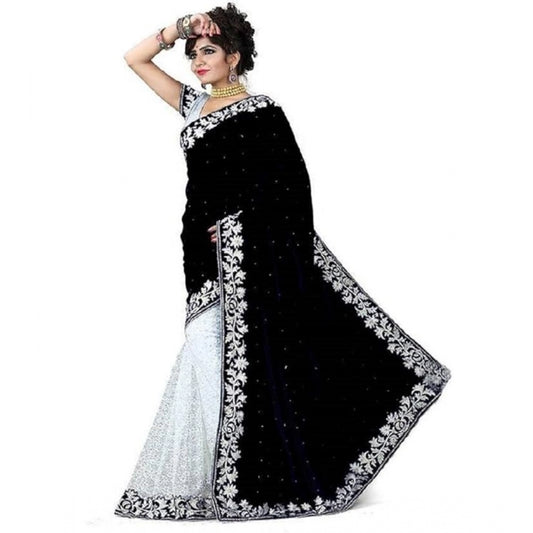 Clasymist Women's Velvet Embroidered Saree With Unstitched Blouse (Black, 5.5 Mtr)