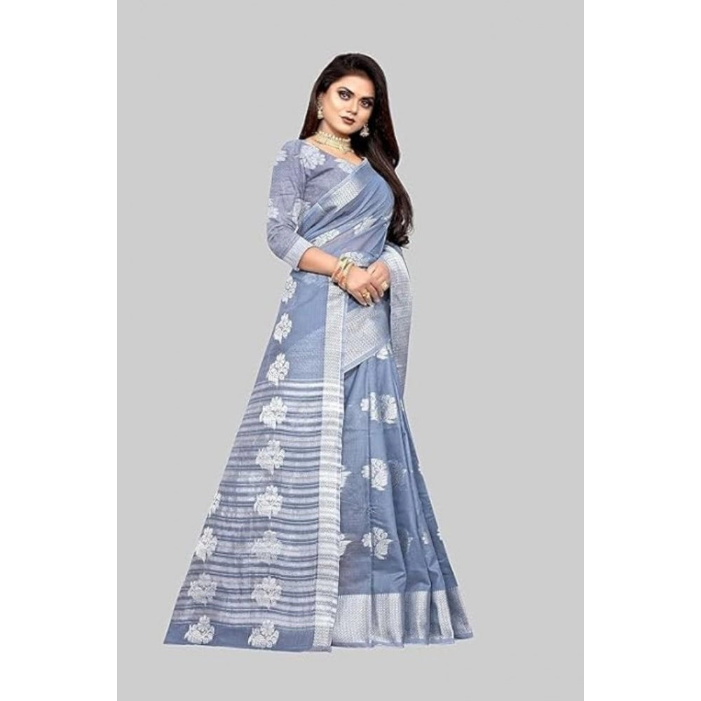 Clasymist Women's Cotton Silk Floral Saree With Unstitched Blouse (Grey, 5.5 Mtr)