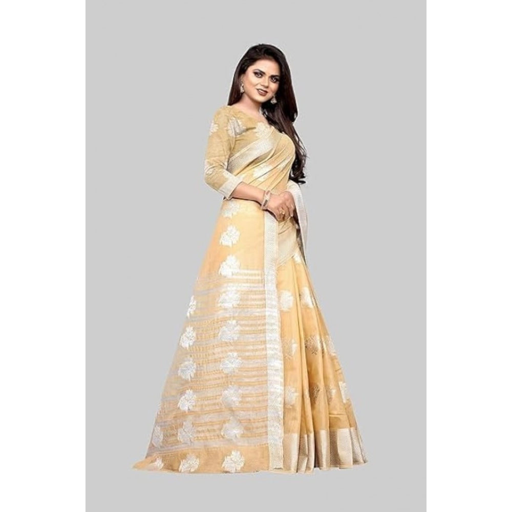 Clasymist Women's Cotton Silk Floral Saree With Unstitched Blouse (Beige, 5.5 Mtr)