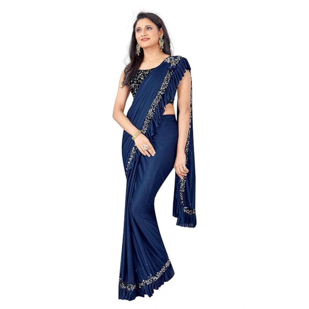 Clasymist Women's Lycra Solid Saree With Unstitched Blouse (Nay Blue, 5.5 Mtr)