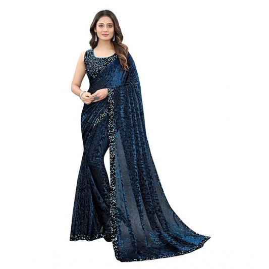 Clasymist Women's Lycra Floral Saree With Unstitched Blouse (Blue, 5.5 Mtr)