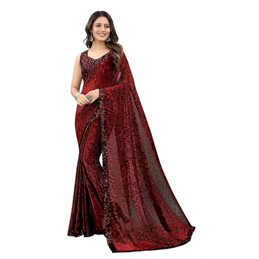 Clasymist Women's Lycra Floral Saree With Unstitched Blouse (Maroon, 5.5 Mtr)