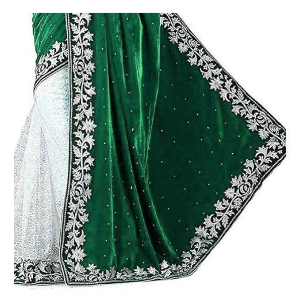 Clasymist Women's Velvet Embroidered Saree With Unstitched Blouse (Green, 5.5 Mtr)