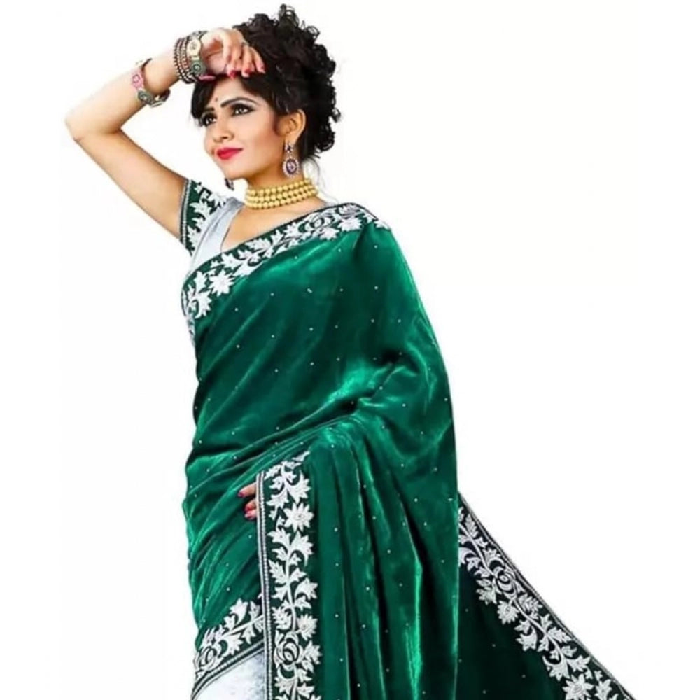 Clasymist Women's Velvet Embroidered Saree With Unstitched Blouse (Green, 5.5 Mtr)