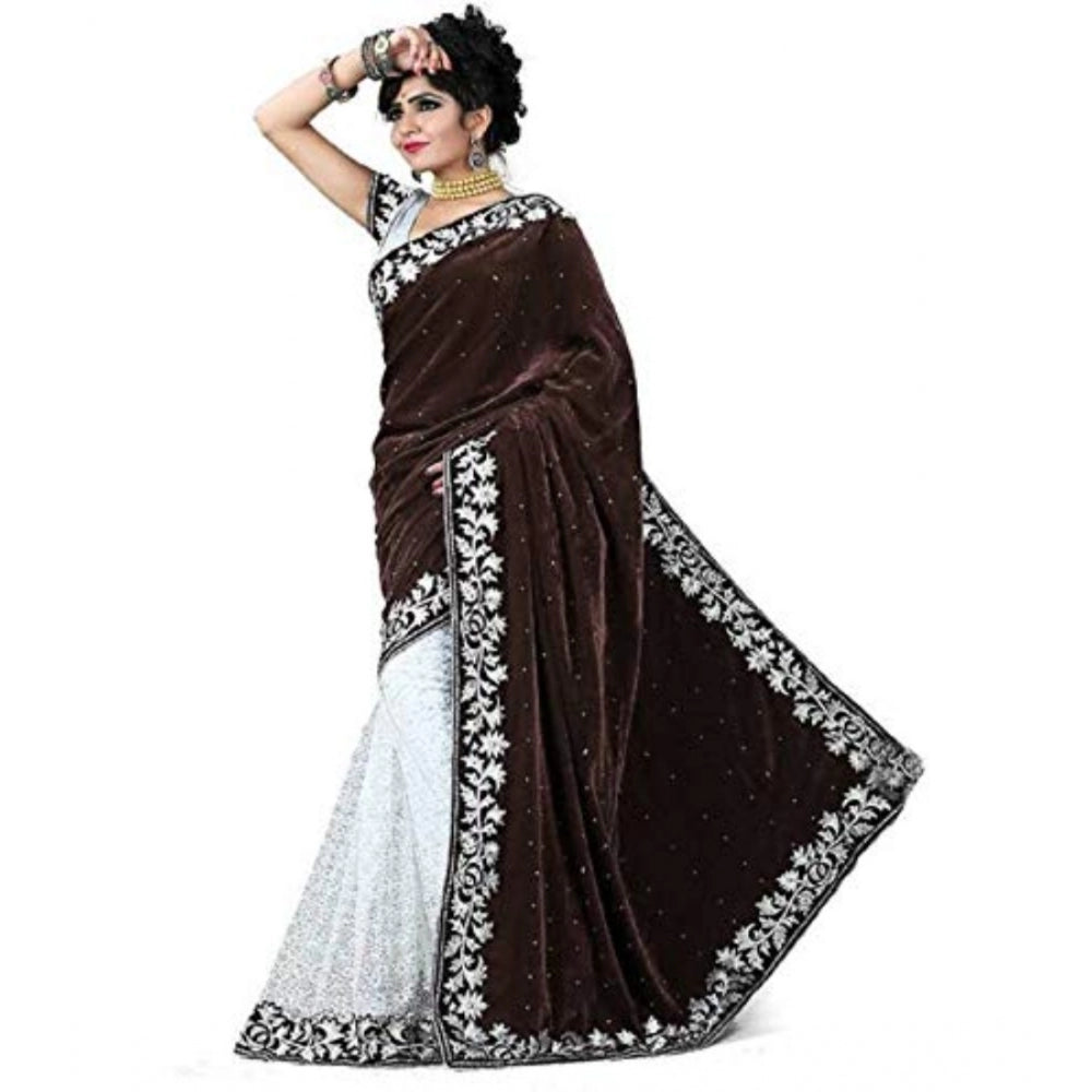 Clasymist Women's Velvet Embroidered Saree With Unstitched Blouse (Brown, 5.5 Mtr)