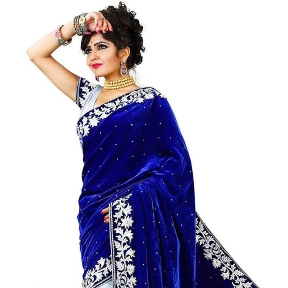 Clasymist Women's Velvet Embroidered Saree With Unstitched Blouse (Blue, 5.5 Mtr)