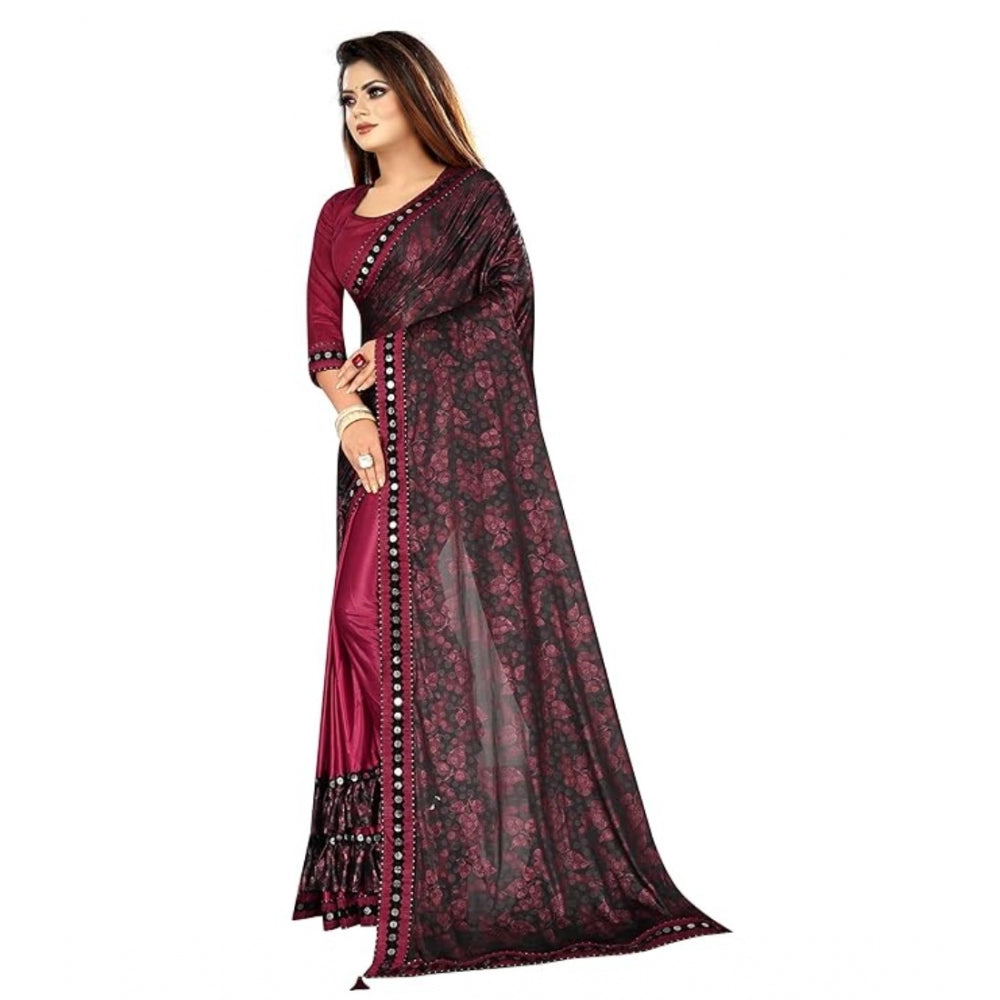 Clasymist Women's Lycra Solid Saree With Unstitched Blouse (Maroon, 5.5 Mtr)