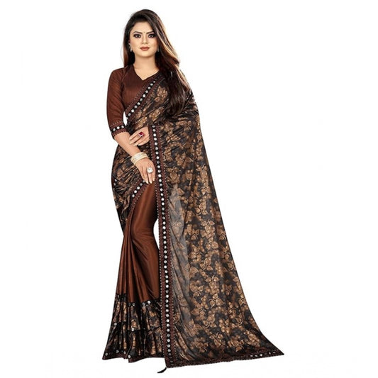 Clasymist Women's Lycra Solid Saree With Unstitched Blouse (Brown, 5.5 Mtr)