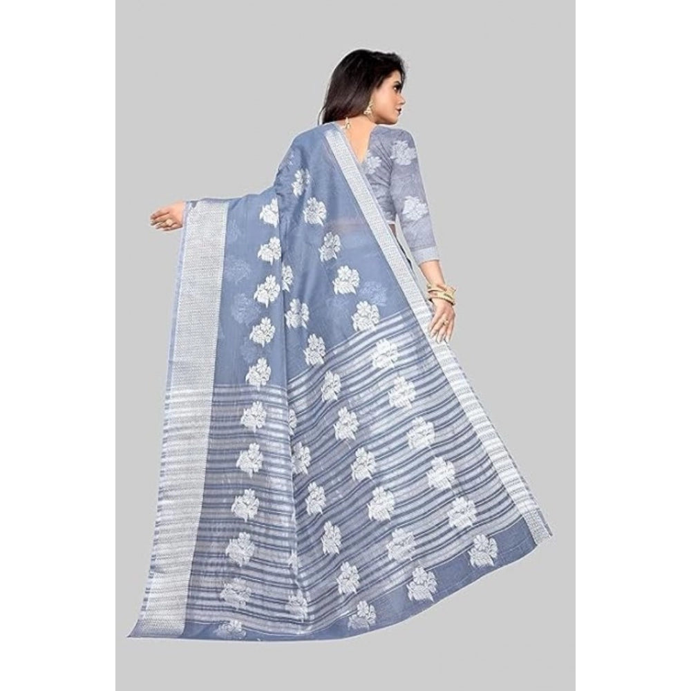 Clasymist Women's Cotton Silk Floral Saree With Unstitched Blouse (Grey, 5.5 Mtr)