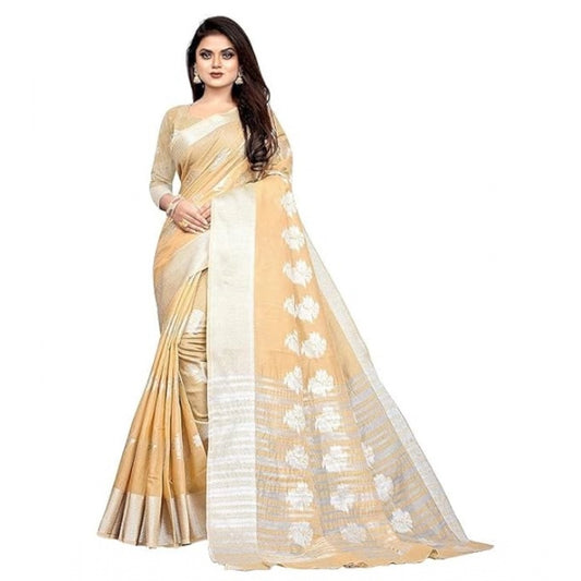 Clasymist Women's Cotton Silk Floral Saree With Unstitched Blouse (Beige, 5.5 Mtr)