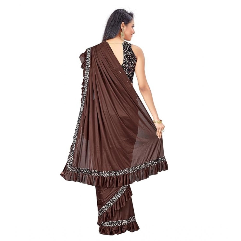 Clasymist Women's Lycra Solid Saree With Unstitched Blouse (Brown, 5.5 Mtr)