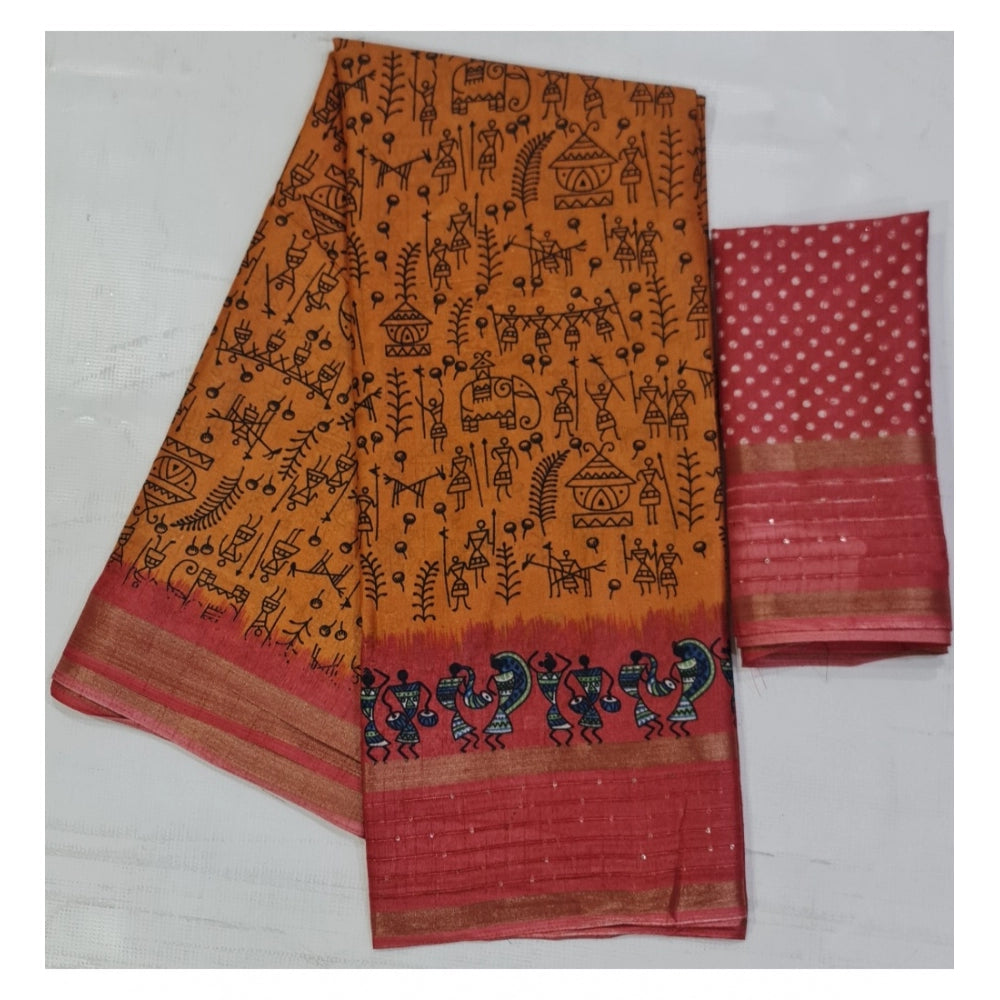 Clasymist Women's Cotton Printed Saree With Unstitched Blouse (Orange, 5-5 Mtrs)