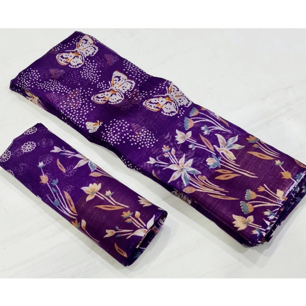 Clasymist Women's Cotton Printed Saree With Unstitched Blouse (Purple, 5-5 Mtrs)