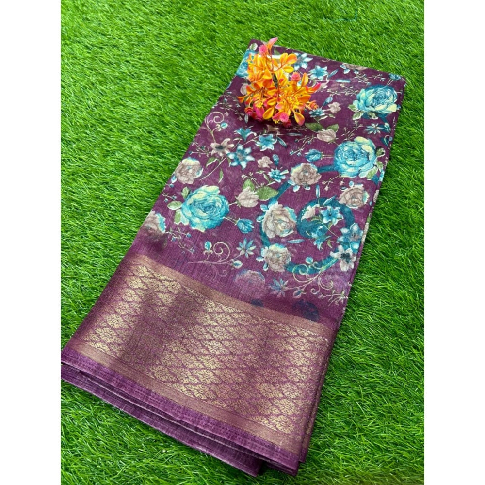 Clasymist Women's Cotton Printed Saree With Unstitched Blouse (Purple, 5-5 Mtrs)