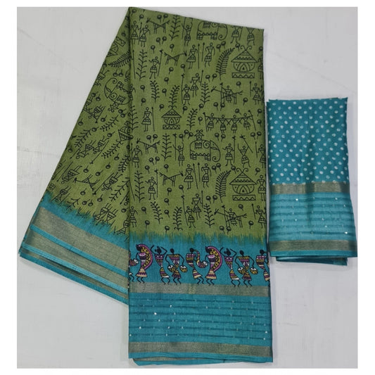 Clasymist Women's Cotton Printed Saree With Unstitched Blouse (Dark-Green, 5-5 Mtrs)