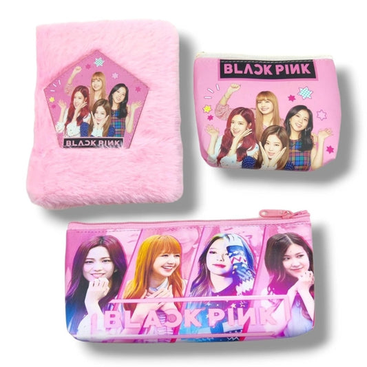 Clasymist 3 in 1 Black Pink BTS Stationery Set With 2 Pouchs And 1 Packet Dairy | Soft Furr | Stationery | 5+ Years