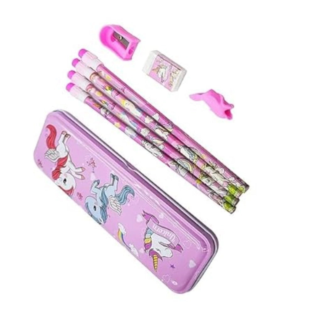 Clasymist 8_Pcs Set Unicorn Metal Pencil Box With 4 Pencils, 1 Sharpner, 1 Eracer And 1 Pencil Cap| Metal Box| Stationery | 3+ Years