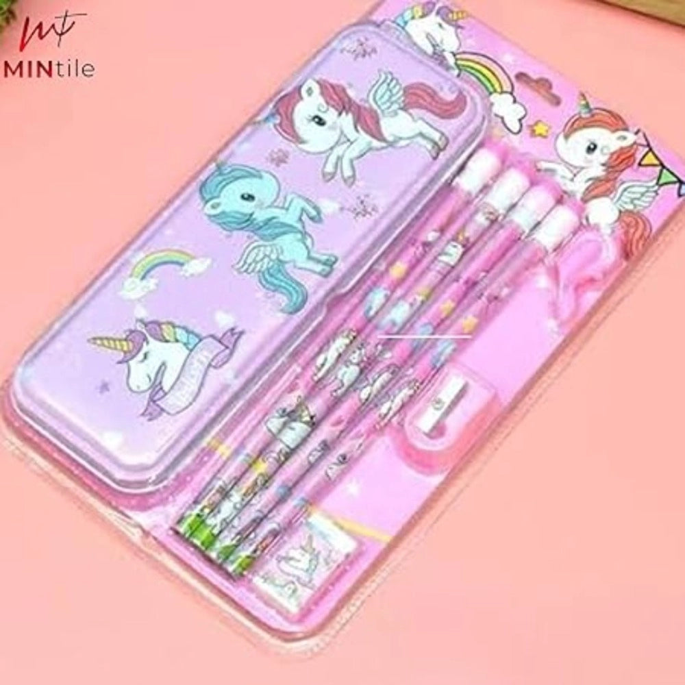 Clasymist 8_Pcs Set Unicorn Metal Pencil Box With 4 Pencils, 1 Sharpner, 1 Eracer And 1 Pencil Cap| Metal Box| Stationery | 3+ Years