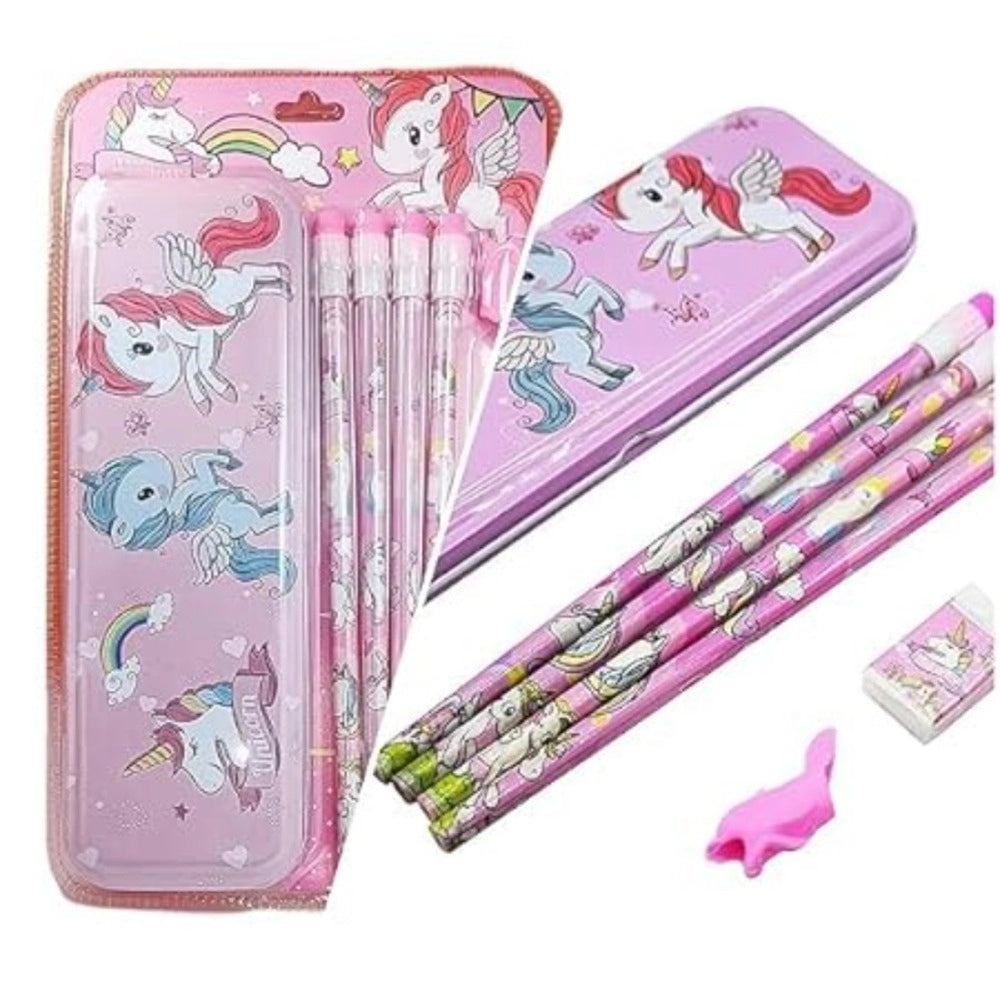 Clasymist 8_Pcs Set Unicorn Metal Pencil Box With 4 Pencils, 1 Sharpner, 1 Eracer And 1 Pencil Cap| Metal Box| Stationery | 3+ Years