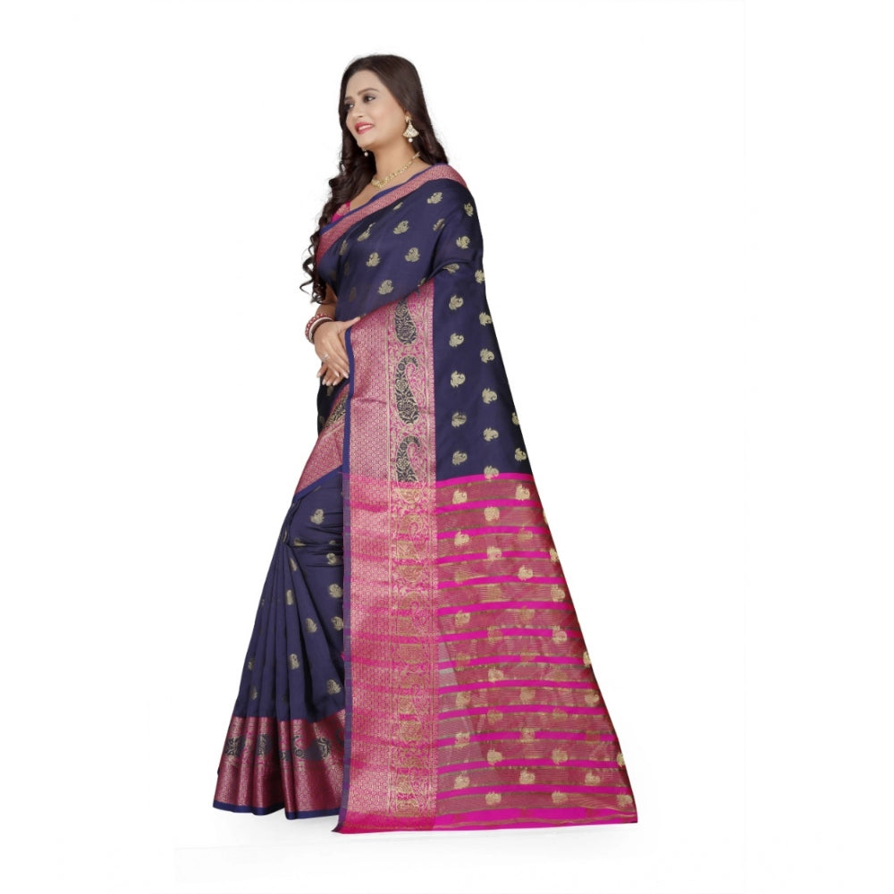 Clasymist Women's Jacquard Woven Saree With Unstitched Blouse 5.5Mtr (Dark Blue)