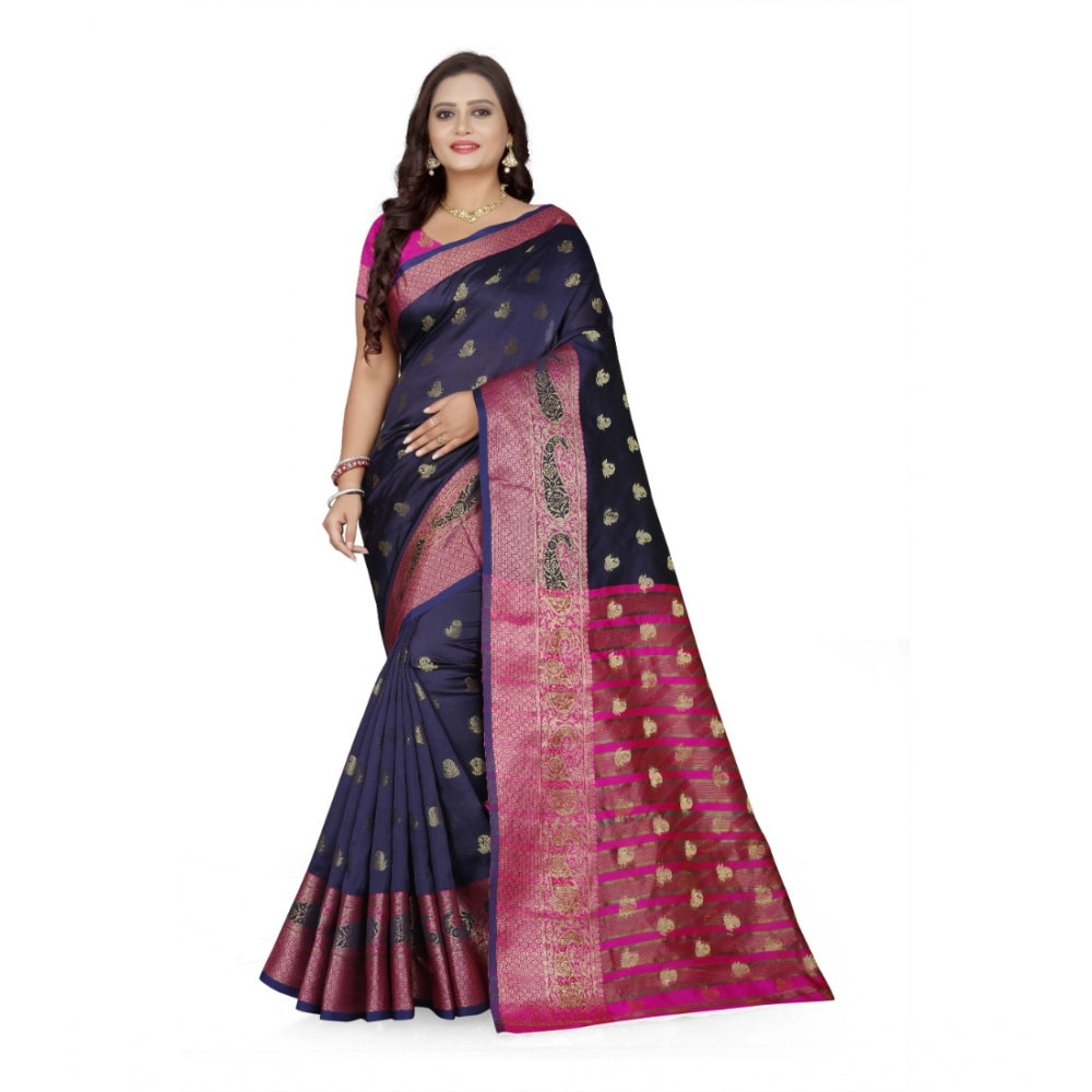 Clasymist Women's Jacquard Woven Saree With Unstitched Blouse 5.5Mtr (Dark Blue)