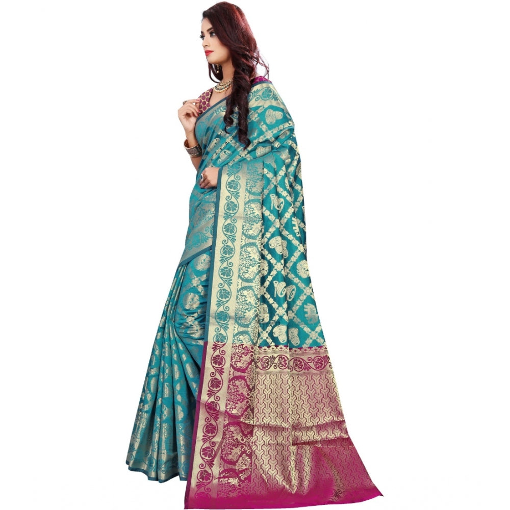 Clasymist Women's Jacquard Woven Saree With Unstitched Blouse 5.5Mtr (Light Blue)