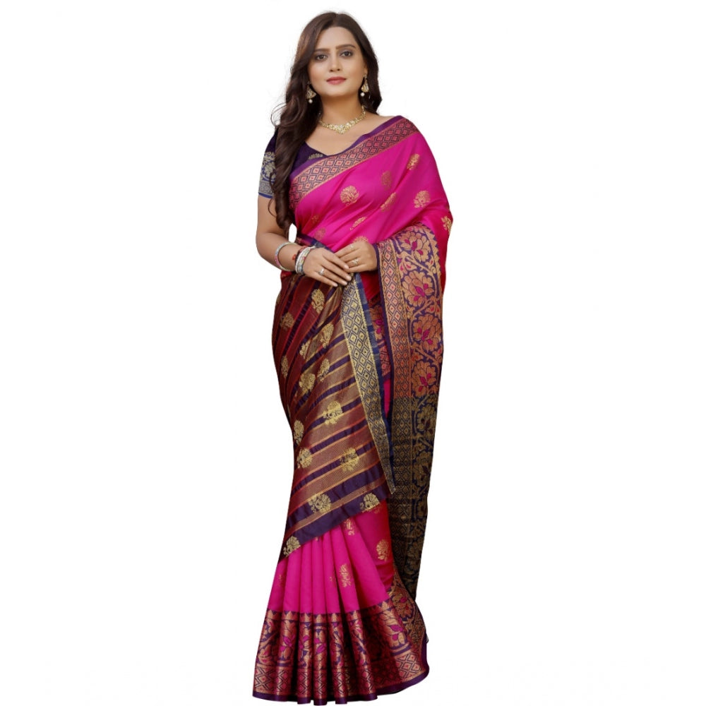 Clasymist Women's Silk Blend Woven Saree With Unstitched Blouse 5.5Mtr (Pink-Beige)