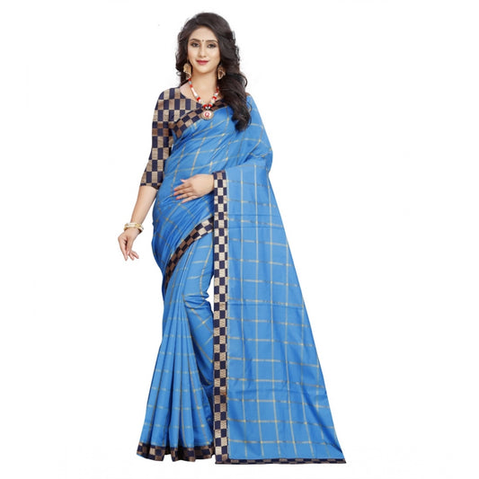 Clasymist Women's Cotton Silk Checkered Saree With Unstitched Blouse 5.5Mtr (Light Blue)