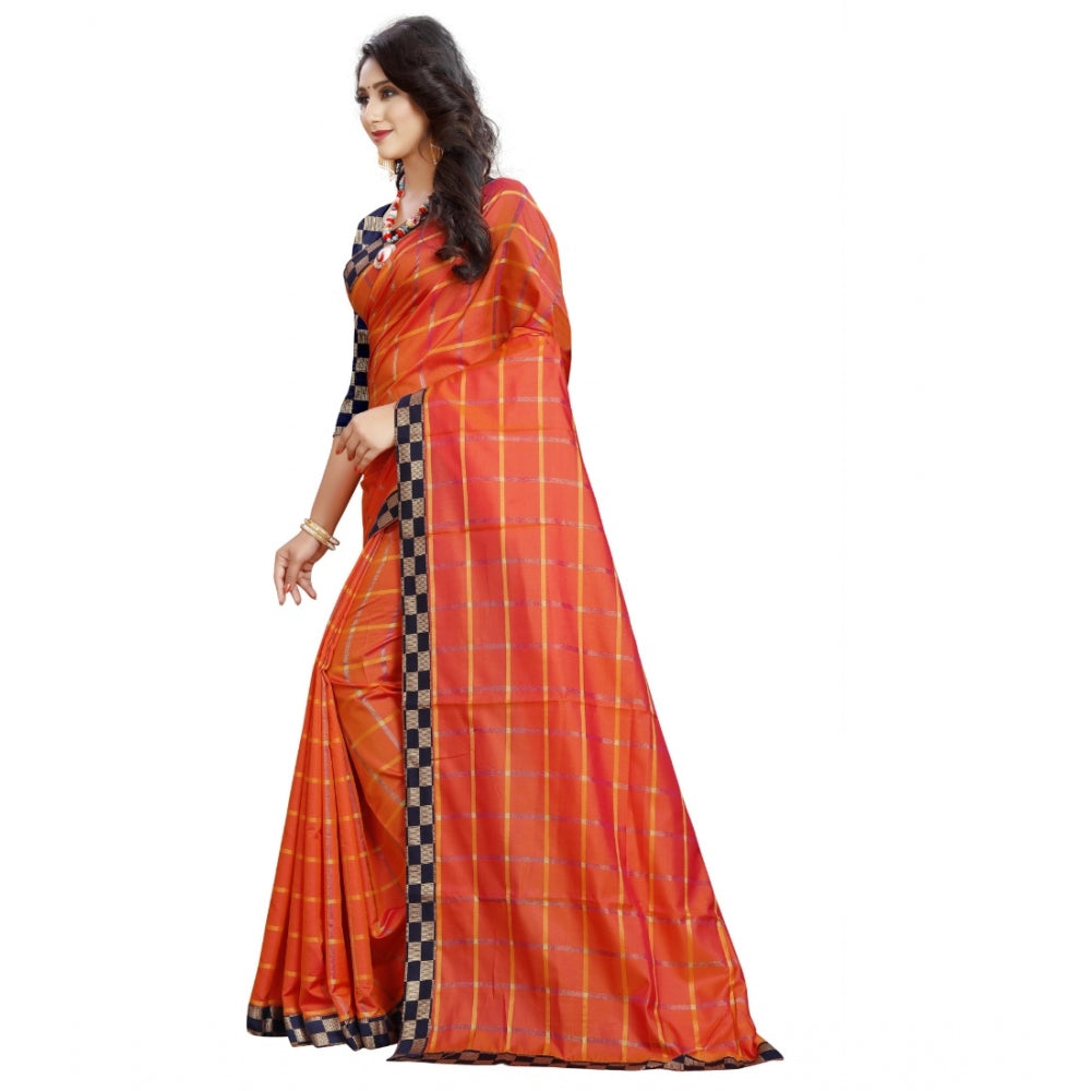 Clasymist Women's Cotton Silk Checkered Saree With Unstitched Blouse 5.5Mtr (Orange)