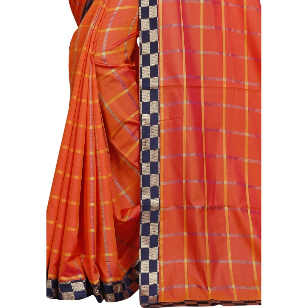 Clasymist Women's Cotton Silk Checkered Saree With Unstitched Blouse 5.5Mtr (Orange)