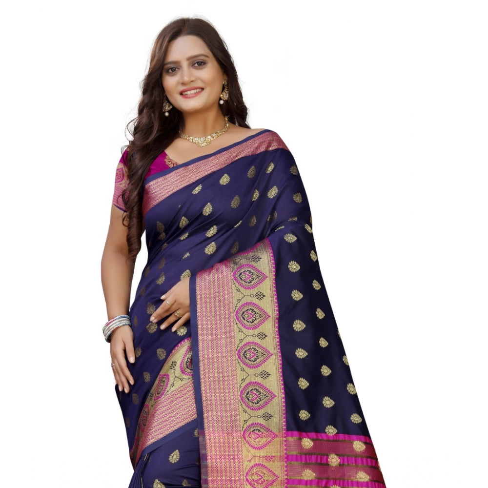 Clasymist Women's Silk Blend Woven Saree With Unstitched Blouse 5.5Mtr (Dark Blue-Pink)