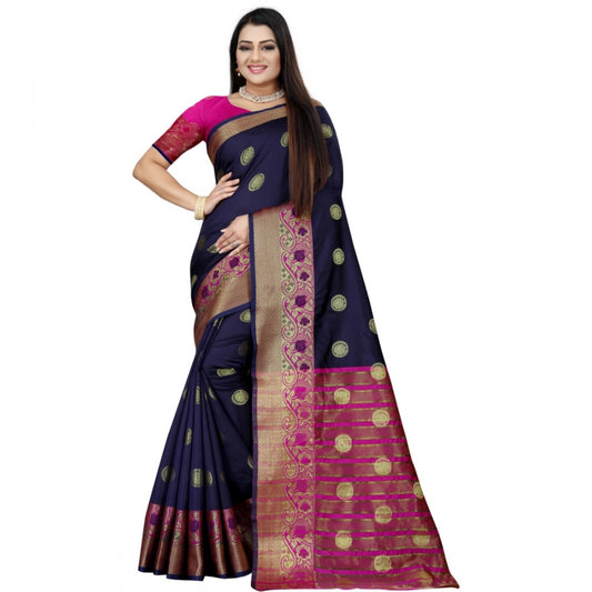 Clasymist Women's Silk Blend Woven Saree With Unstitched Blouse 5.5Mtr (Dark Blue-Pink)