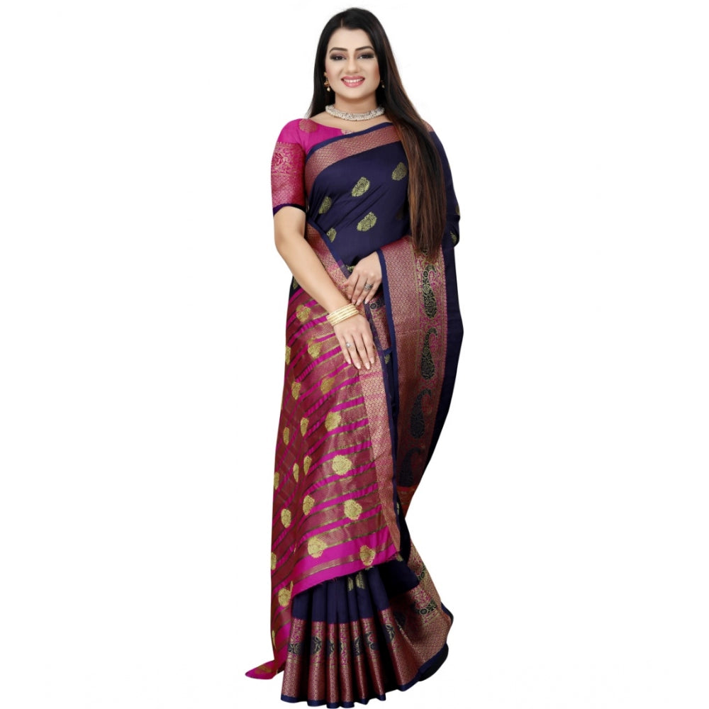 Clasymist Women's Silk Blend Woven Saree With Unstitched Blouse 5.5Mtr (Dark Blue-Pink)