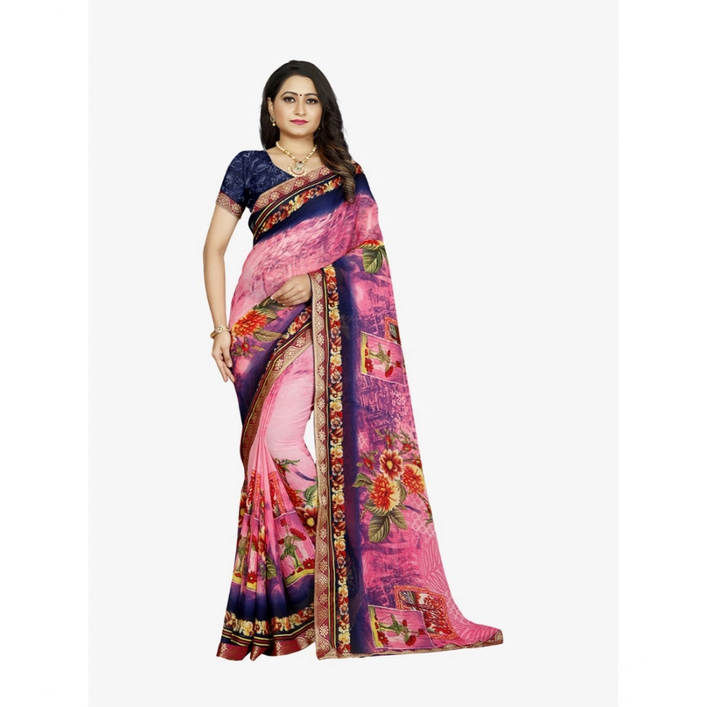 Clasymist Women's Georgette Floral Print Saree With Unstitched Blouse 5.5Mtr (Blue-Pink)