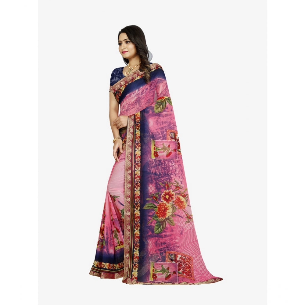 Clasymist Women's Georgette Floral Print Saree With Unstitched Blouse 5.5Mtr (Blue-Pink)