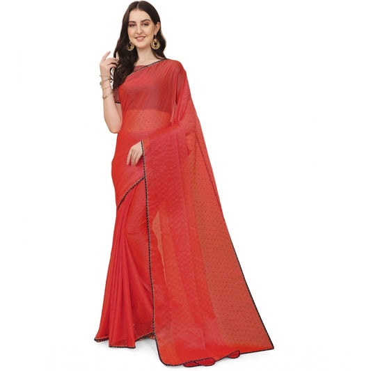 Clasymist Women's Silk Blend Embellished Saree With Unstitched Blouse 5.5Mtr (Red)