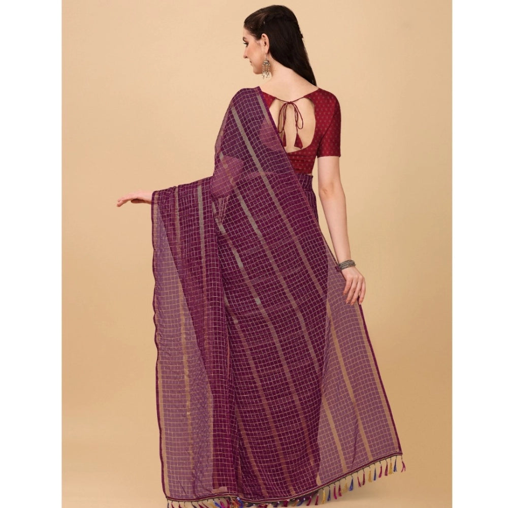 Clasymist Women's Silk Blend Checkered Saree With Unstitched Blouse 5.5Mtr (Maroon)